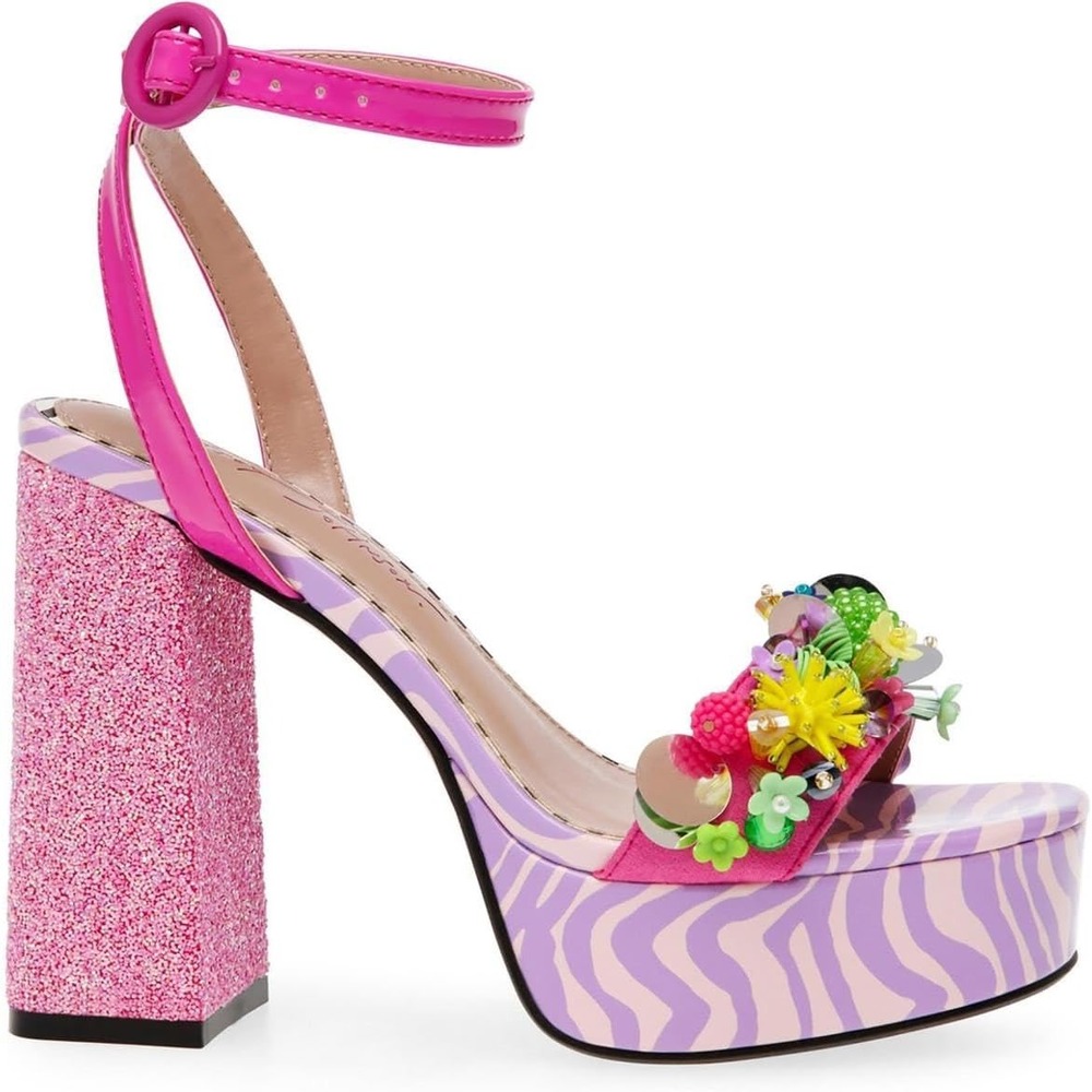 Betsey Johnson Zebra Print Pink Glitter Embellished Platform Block Heel Sandals